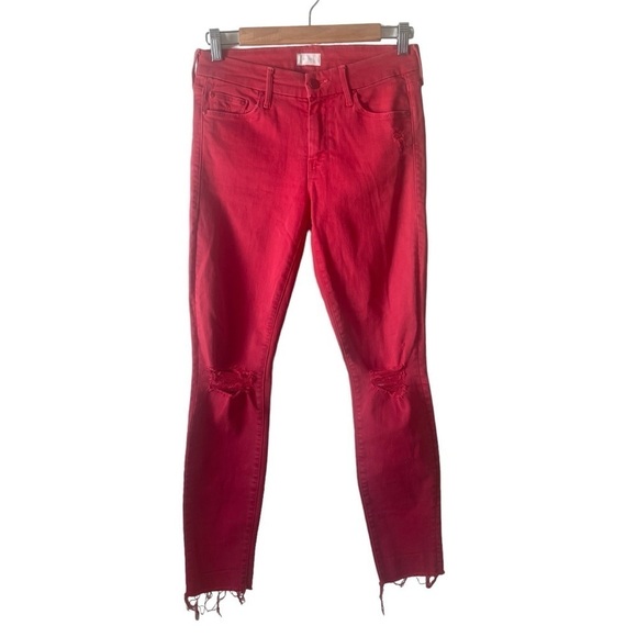 MOTHER Looker Ankle Fray Jeans Firecracker Red Distressed Women’s Size 26 - Picture 2 of 14